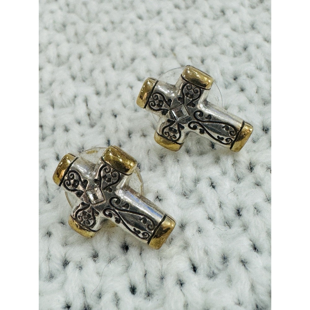 Vintage Two Tone Silver Gold Scroll Cross Post Stud Earrings Religious Jewelry